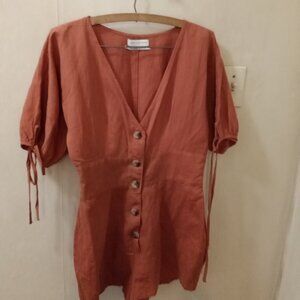 Urban Outfitters Sz M rust orange Linen Blend Romper buttons short sleeves